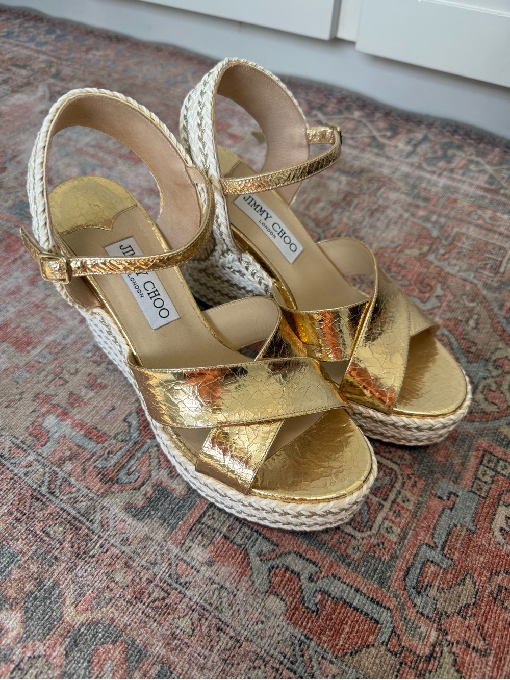 Jimmy Choo Metallic Gold Raffia Wedge Sandals